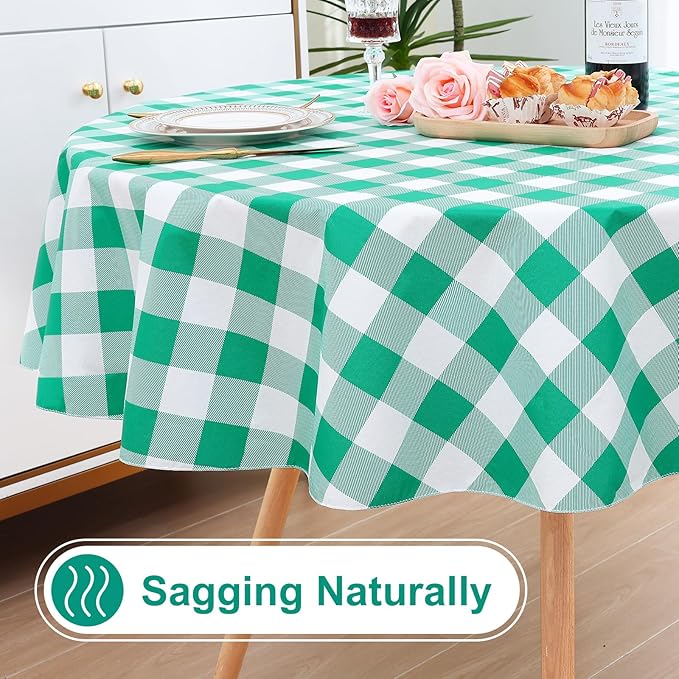 misaya Round Waterproof Vinyl Table Cloth, Buffalo Flannel Backed Tablecloth, Wipeable Plastic Table Cover for Dinner, Kitchen, Picnic (60", Green and White)