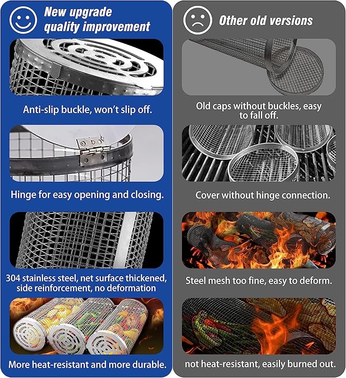 Rolling Grilling Baskets for Outdoor Grill Bbq Net Tube Round Mesh Barbecue Wire Cylinder Cage Picnic Must Haves Charbroil Yakitori Camping Campfire Cooking Basket Gear for Veggies Vegetable Fish Meat