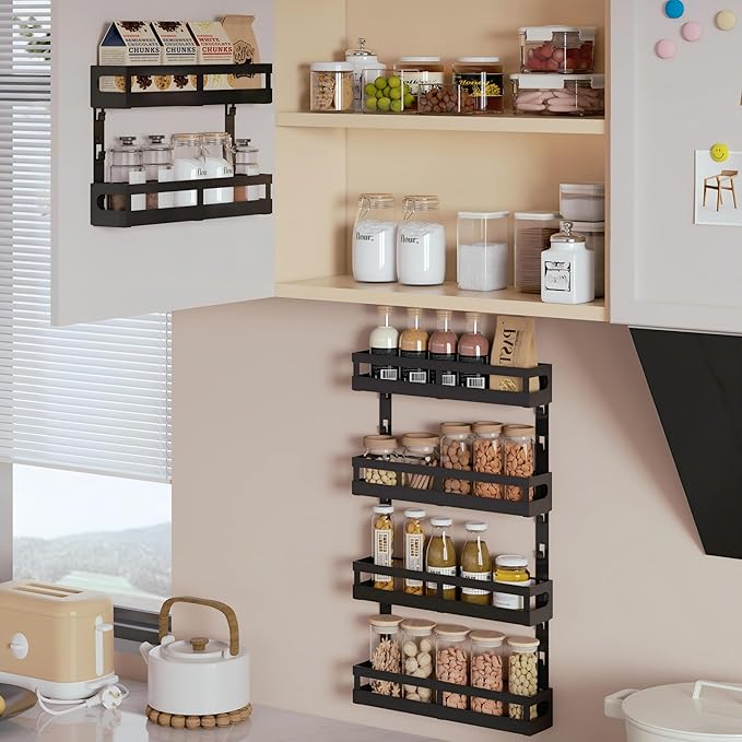 4-Tier Small Wall Mounted Spice Rack Organizer, Hanging Spice Shelf for Cabinet or Pantry, Height-Adjustable Seasoning Holder for Kitchen Storage, Black