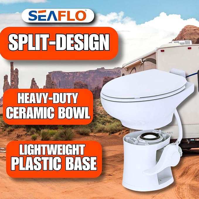 SEAFLO Ceramic Residential Height Camper/RV Toilet with Sprayer Attachment & Elongated Ceramic Bowl, 19” Standard Height, Gravity Flush System, Foot Pedal Operation, Soft Close Seat, 4-Year Warranty