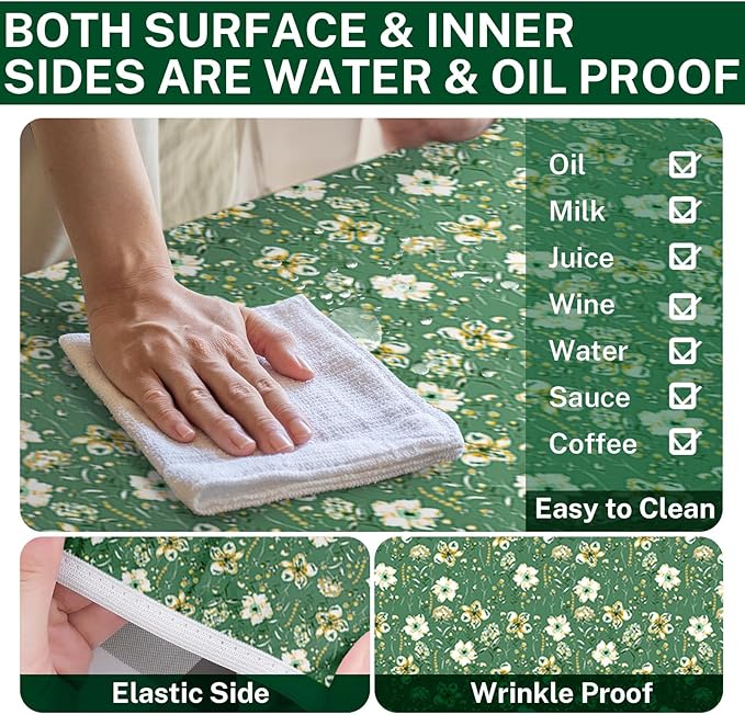 Picnic Table Cover with Bench Covers Elastic Edges, Green Flower Fitted Table Cover, Outdoor Patio Camping Essentials 72 Inch 3PCS, Waterproof Camping Fitted Tablecloth with Drawstring Bag