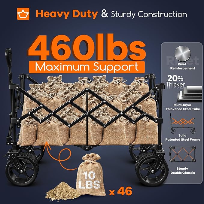 220L Collapsible Wagon Cart Foldable, 460LB Load Capacity Heavy Duty Folding Beach Wagons with Big All-Terrain Wheels, Utility Carts for Groceries, Shopping, Camping, Sports - Grey&Black