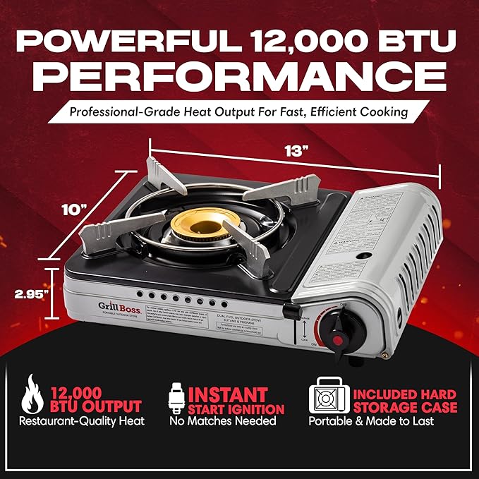 Grill Boss Dual Fuel Portable Stove, Dual Fuel Butane & Propane Stoves, 12K BTU Butane Camp Stove & Propane Portable Camping Stoves for Emergencies, Outdoor BBQ, Cooking, Hikings & Backpacking - 90057