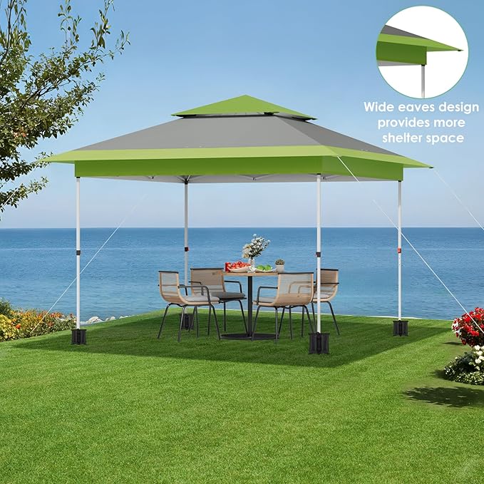TLSUNNY 12X12 Pop Up Canopy Tent, Camping Shader W/Overhanging Eaves & Sand Bag, Outdoor Gazebo Shelter W/One Push Setup & Wheeled Bag, Height Adjustable, for Patio, Market, Party (Green, 12FTX12FT)