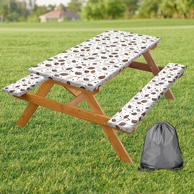 Picnic Table Cover with Bench Covers, Brown Leaf Plaid Leaf Elastic Edges Waterproof Windproof Camping Essentials, Camping Fitted Tablecloth with Drawstring Bag, 72in, Brown