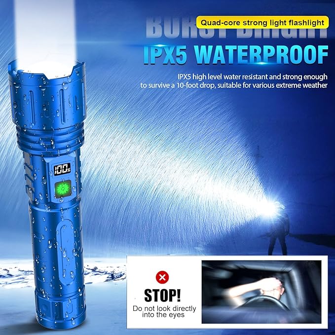 Rechargeable Tactical Flashlights High Lumens - 1500 Meters Long Beam Super Bright LED Flash Light with Power Display & IPX5 Waterproof for Camping, 20H Runtime,5 Modes,Zoomable Handheld Flashlight