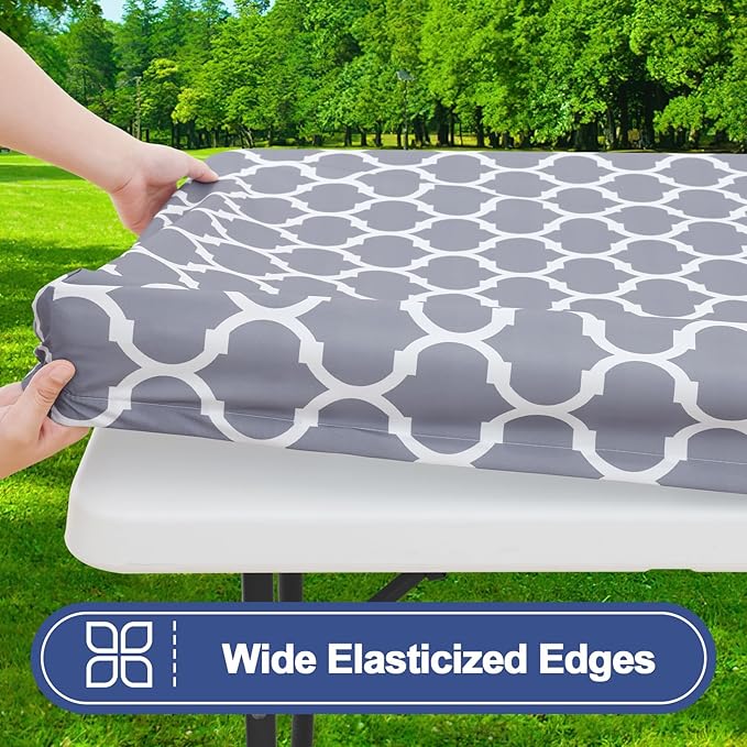 Smiry Picnic Table Cover with Bench Covers, Waterproof Elastic Fitted Tablecloth for 6 Foot Tables, Washable Polyester Tablecloths for Camping, Indoor & Outdoor (Grey Morocco, 30x72 Inch 3-pc Set)