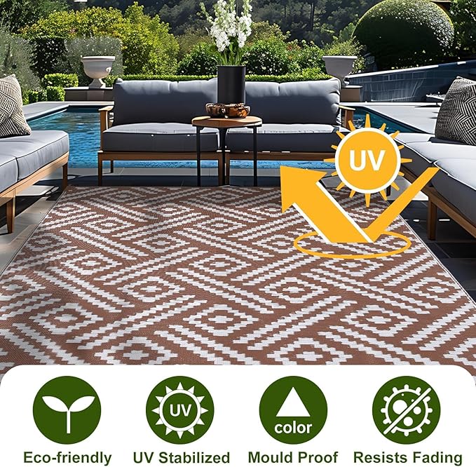 OPPODREAM Outdoor Rug 8x10 Patio Waterproof, Large Outdoor Plastic Straw Rug, Reversible Out Door Carpet for Camping, Deck, Rv, 8 x 10 Area Carpet for Balcony, Porch, Backyard, White and Brown