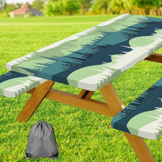 Picnic Table Cover with Bench Covers Tablecloth with Elastic Edges Waterproof Windproof Camping Essentials, Fitted Rectangle Tables and Seats, Drawstring Bag, 72in, Blue Green