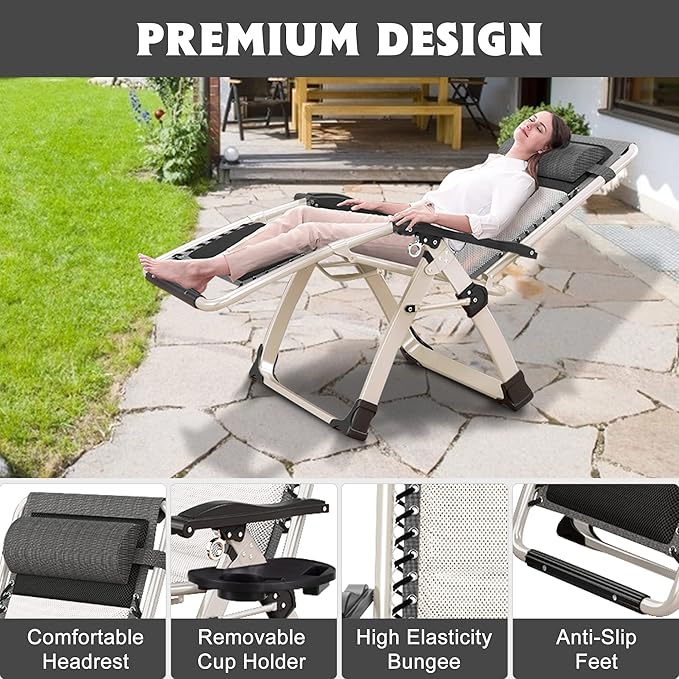 ABORON 2 Pack Zero Gravity Chair, Outdoor Lounge Chairs Sun Loungers with Removable Cushion,Headrest,Cup Holder,Reclining Patio Lounger Chair for Indoor and Outdoor