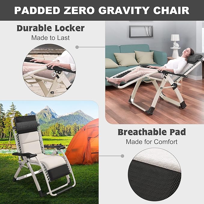 ABORON 2 Pack Zero Gravity Chair, Outdoor Lounge Chairs Sun Loungers with Removable Cushion,Headrest,Cup Holder,Reclining Patio Lounger Chair for Indoor and Outdoor