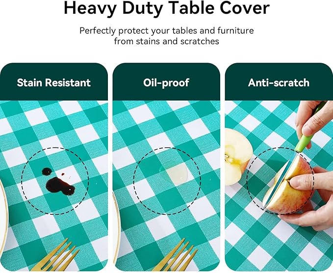 Romanstile RectangleVinyl PVC Tablecloth, 100% Waterproof Buffalo Plaid Plastic Table Cloth, Oil Proof Heavy Duty Wipeable Table Covers for Dining/Camping/Picnic/Outdoor - 60 x 120, Teal Green