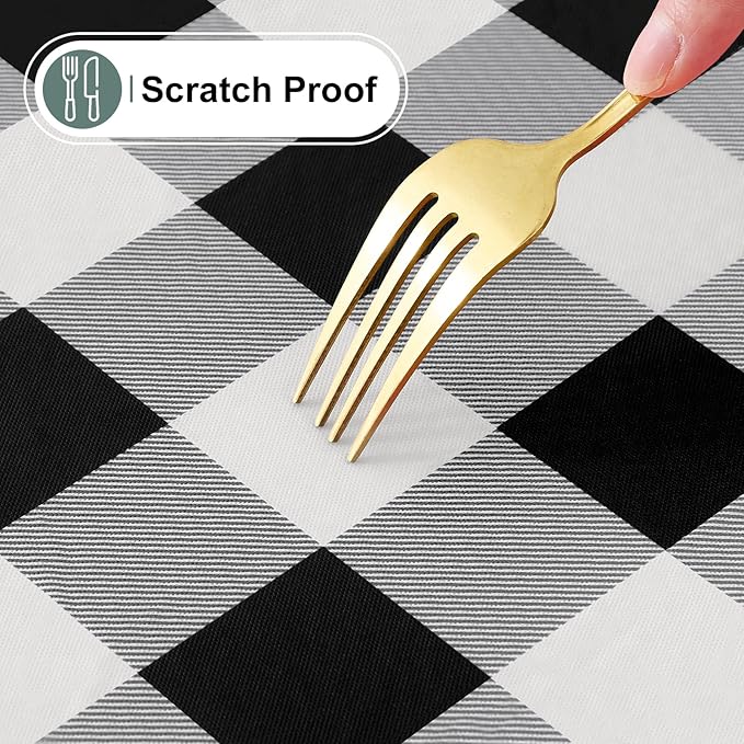 misaya Buffalo Rectangle Picnic Tablecloth, 8 Foot Elastic Fitted Vinyl Table Cloth with Flannel Backing, Waterproof Plaid Table Covers for Dining, Camping, Outdoor (Black and White, 30" x 96")