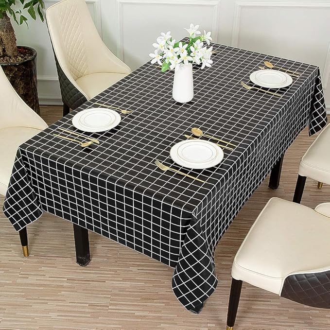 Romanstile Rectangle Plastic Tablecloth, 100% Waterproof Oil-Proof Checkered PVC Table Cloths, Heavy Duty Vinyl Table Covers for Dining, Camping, Picnic, Outdoor - 52 x 70 Inch, Black