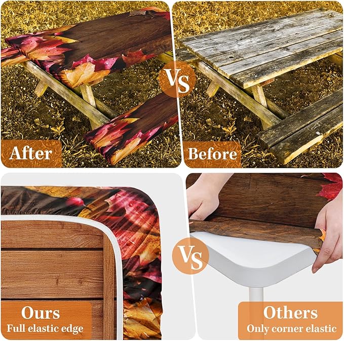 Picnic Table Cover with Bench Covers Elastic Edges, Maple Fall Fitted Table Cover, Outdoor Patio Camping Essentials 72 Inch 3PCS, Waterproof Camping Fitted Tablecloth with Drawstring Bag