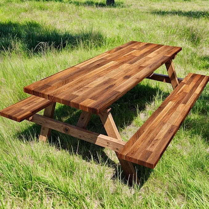 JAWO Picnic Table Covers with Bench Covers Wooden Pattern Camping Tablecloth 6FT for 6 Person Fitted Picnic Table Cover with Elastic Windproof Waterproof Fabric, Camping Accessories Patio & Outdoor