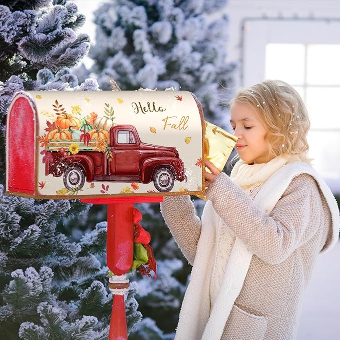Hello Fall Mailbox Cover Magnetic Autumn Pickup Truck with Pumpkins Letter Box Standard Size 21x18 Inch Happy Harvest Festival Thanksgiving Decorative Waterproof Post Box Covers for Garden Yard