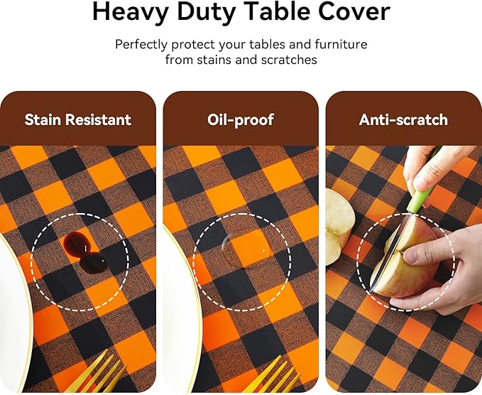 Romanstile Fall Halloween Vinyl PVC Tablecloth, 100% Waterproof Buffalo Plaid Plastic Table Cloth, Heavy Duty Wipeable Table Covers for Camping/Picnic/Outdoor - 54 x 108, Black and Orange