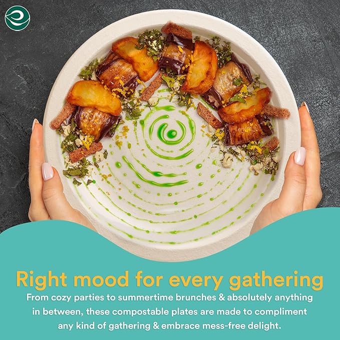 ECO SOUL 100% Compostable 10 Inch Paper Plates 200 [2x100 Pc] Disposable Party Plates I Heavy Duty Eco-Friendly Sturdy Dinner, Wedding, Event Plates I Biodegradable Unbleached Sugarcane Eco Plates