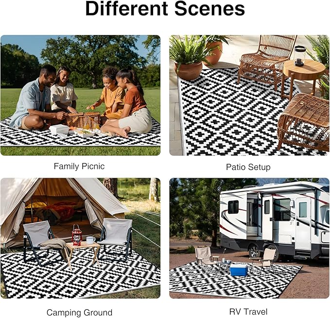 OLANLY Waterproof Outdoor Rug 8x10 ft, Outdoor Plastic Straw Rug for Camping, RV Mat Outside, Indoor Outdoor Carpet for Porch, Deck, Backyard, Balcony, Picnic, Black & White