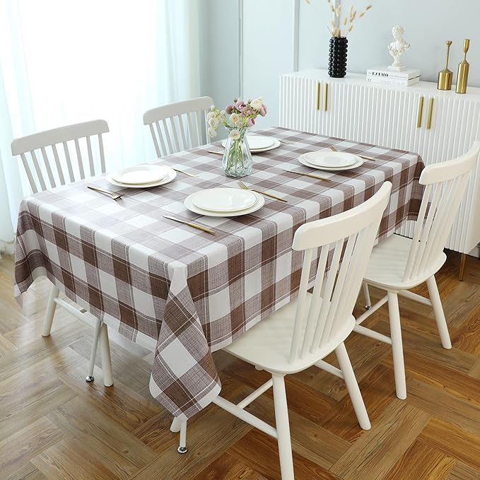Romanstile Rectangle Plastic Tablecloth, 100% Waterproof Oil-Proof Checkered PVC Table Cloth, Heavy Duty Vinyl Table Cover for Dining, Camping, Picnic, Outdoor - 54 x 78 Inch, Brown Checkered