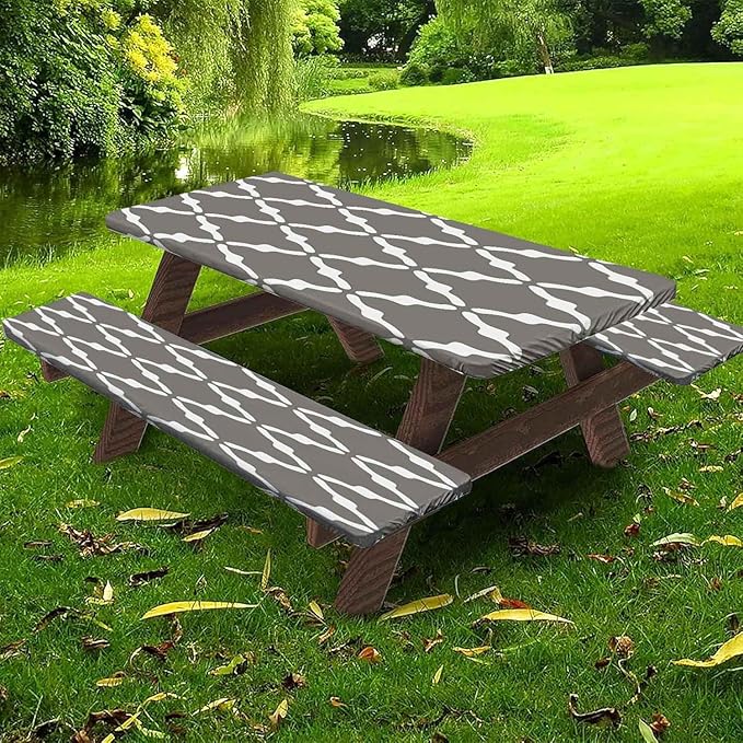 CAPSCEOLL Elastic Picnic Table Cover with Bench Covers 5Ft Waterproof Fitted Picnic Table Cover Cloths for Outdoors Camping Tablecloth with Drawstring Bag, 60X30in, White Grey