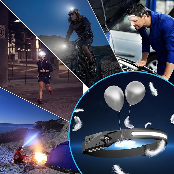 12pack Headlamp Rechargeable, 1000 Lumen Headlamps for Adults, 230 Angles Wide Beam Headlamp & Spotlight, Motion Sensor, 6 Modes, Lightweight Head Lamps for Camping Running Cycling (12)