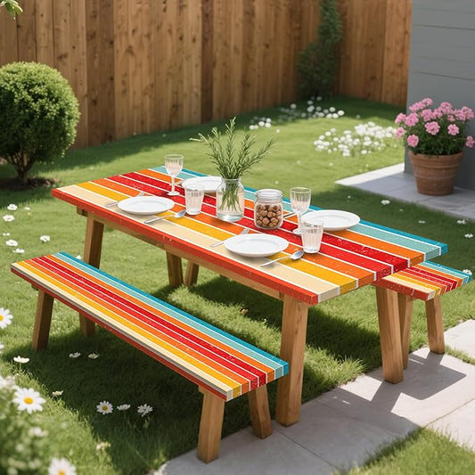 Orange Picnic Table Cover with Bench Covers, 3 Pcs Waterproof Elastic Picnic Table Cover Outdoor Camping Essentials, Windproof Fitted Tablecloth for Camping, Indoor, Outdoor (Striped, 72X30 Inch)