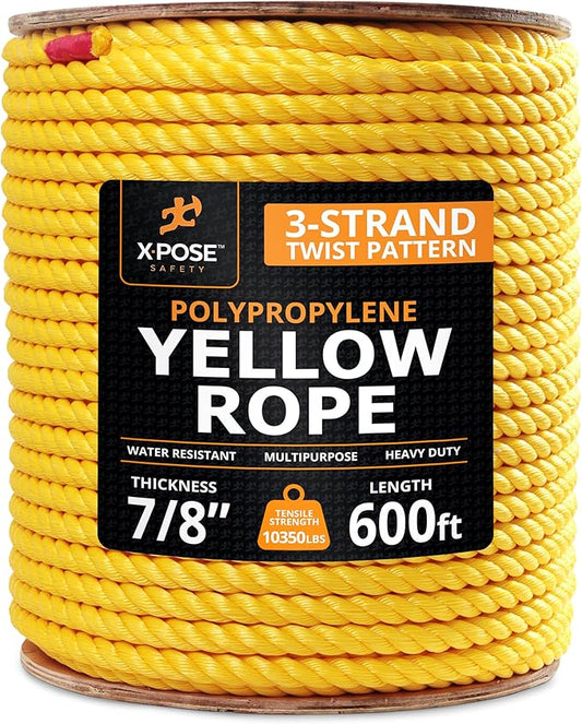 Yellow Twisted Polypropylene Rope, 7/8" Thickness x 600' Length Heavy Duty Poly Ropes for Outdoor and Marine Use, Yellow Rope for Visibility & Safety