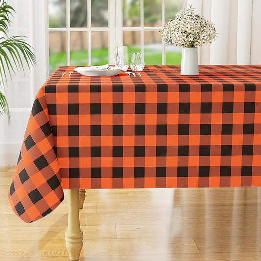 misaya Rectangle Waterproof Vinyl Table Cloth, Buffalo Flannel Backed Tablecloth, Wipeable Plastic Table Cover for Dinner, Kitchen, Picnic (60" x 120", Orange and Black)