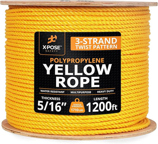 Yellow Twisted Polypropylene Rope, 5/16" Thickness x 1200' Length Heavy Duty Poly Ropes for Outdoor and Marine Use, Yellow Rope for Visibility & Safety