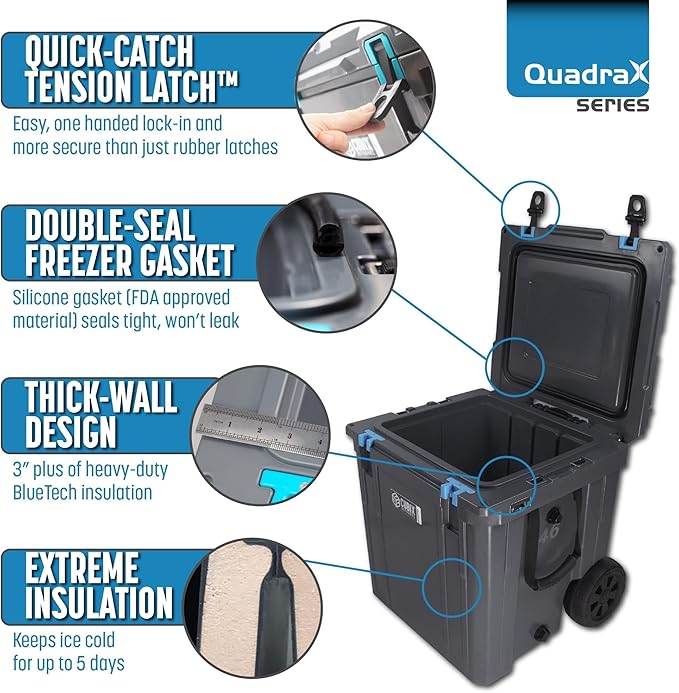 QuadraX 46QT Wheeled Rotomolded Portable Hard Cooler for Camping, Fishing, Beach | Heavy Duty Insulated Ice Chest with Wheels and Handle | Cold Retention 5 Days