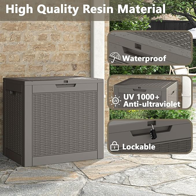 NUNU LAB 30 Gallon Waterproof Resin Deck Box, Lockable Outdoor & Indoor Storage Bench for Patio Cushions, Garden Tools, Pool Accessories & Package Deliveries – Grey