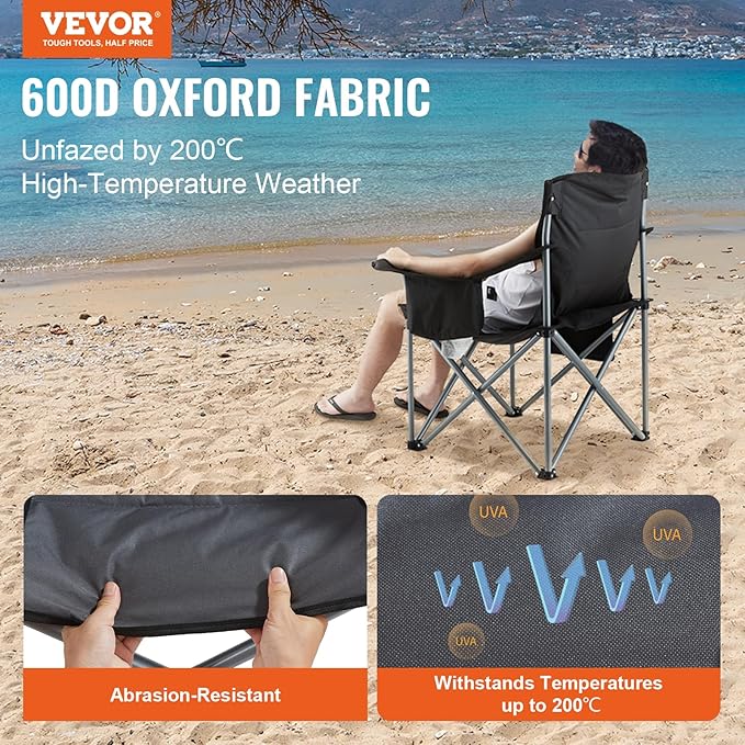 VEVOR Camping Folding Chair, Portable Heavy Duty Outdoor Quad Lumbar Back Padded with Side Pockets, Cup Holder and Cooler Bag for Beach, Lawn, Picnic, Fishing, Backpacking, Black