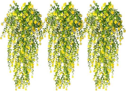 RECUTMS Outdoor Fake Hanging Plants,Hanging Plant Vine with Lights,Faux Eucalyptus Leafs Greenery Vine Plant Faux Plants Fake Plants Greenery for Jungle Theme Party Wedding Decoration(Yellow)