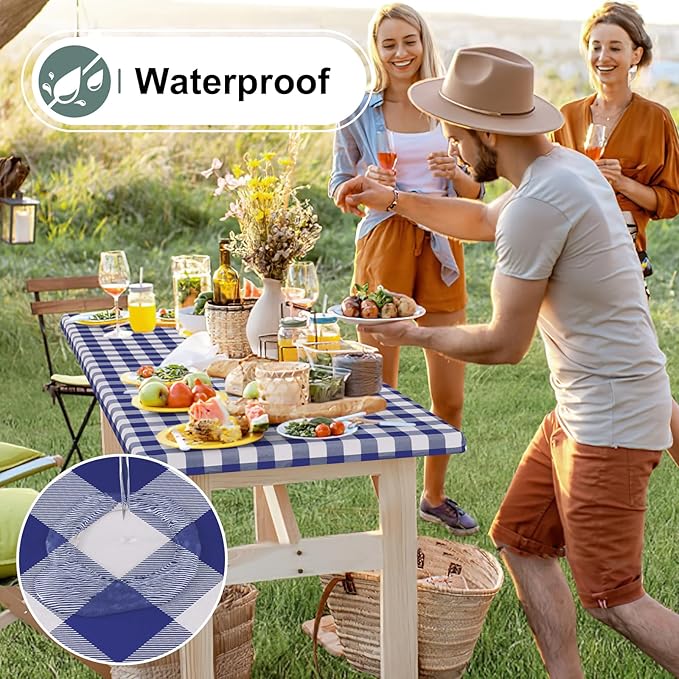 misaya Buffalo Rectangle Picnic Tablecloth, 8 Foot Elastic Fitted Vinyl Table Cloth with Flannel Backing, Waterproof Plaid Table Covers for Dining, Camping, Outdoor (Navy and White, 30" x 96")