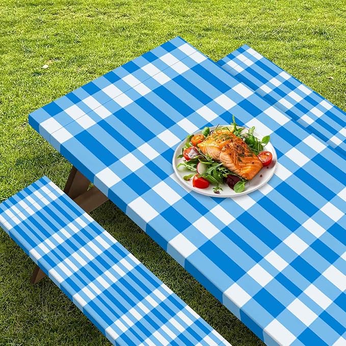 CAPSCEOLL Elastic Picnic Table Cover with Bench Covers 5Ft Waterproof Fitted Picnic Table Cover Cloths for Outdoors Camping Tablecloth with Drawstring Bag, 60X30in, Blue Checkered