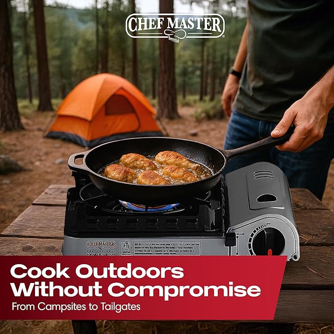 Chef Master 15,000 BTU Portable Butane Camping Stove COMBO with 4 x 8oz. Butane Fuel Canister, Double Wind-Guard Portable Stove Burner for Emergency, Road Trip, Backpacking & Camping Essential - 90019