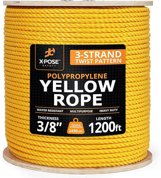Yellow Twisted Polypropylene Rope, 3/8" Thickness x 1200' Length Heavy Duty Poly Ropes for Outdoor and Marine Use, Yellow Rope for Visibility & Safety