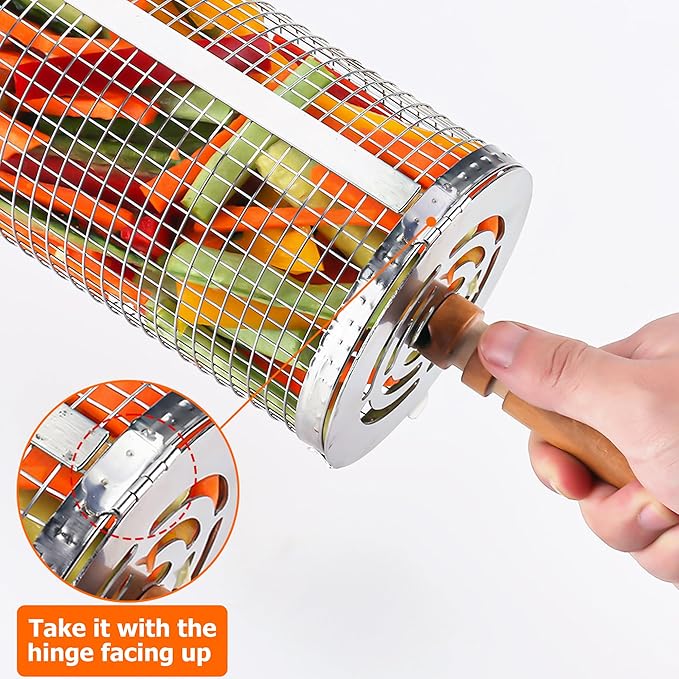 Rolling Grilling Baskets for Outdoor Grill Bbq Net Tube Stainless Steel Large Round Mesh Barbecue Accessories Wire Cylinder Cage Picnic Essentials Cooking Camping Basket for Veggies Vegetable Fish