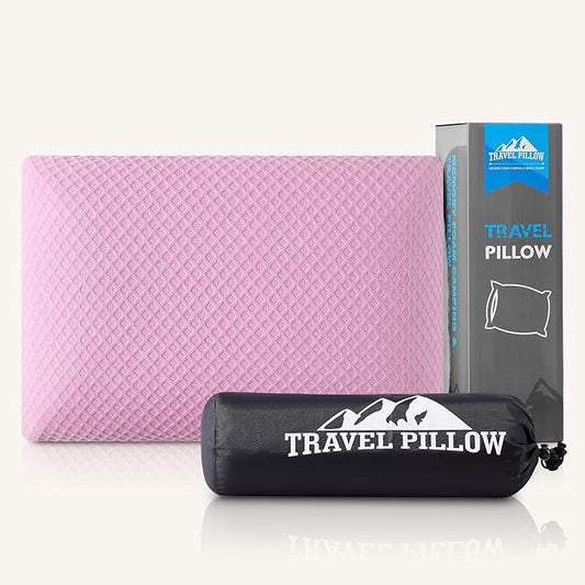 Travel Pillow Memory Foam Pillows, Camping Pillow-Compressible Medium Firm, Breathable Cover, Ideal Backpacking Hiking, Bed Pillows, Airplane and Car (Apricot Powder, L)