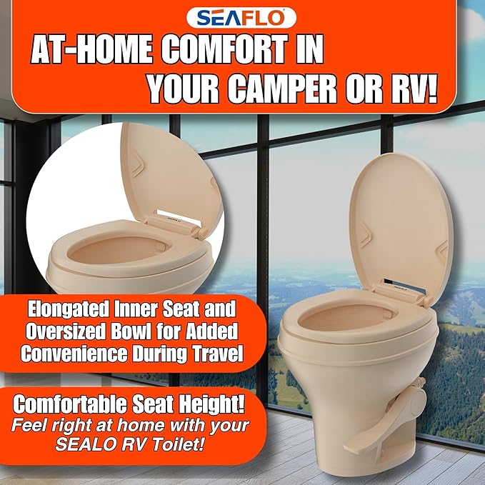 SEAFLO Residential Height Camper/RV Toilet, 18.5” Standard Height, Gravity Flush System, Foot Pedal Operation, Soft Close Seat, Easy-to-Clean Oversized Bowl, 4-Year Warranty (Bone Color)