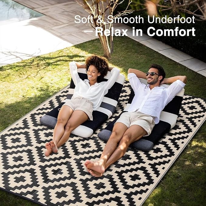 OLANLY Waterproof Outdoor Rug 10x14 ft, Outdoor Plastic Straw Rug for Camping, RV Mat Outside, Outdoor Carpet for Porch, Deck, Backyard, Balcony, Picnic, Black & Beige