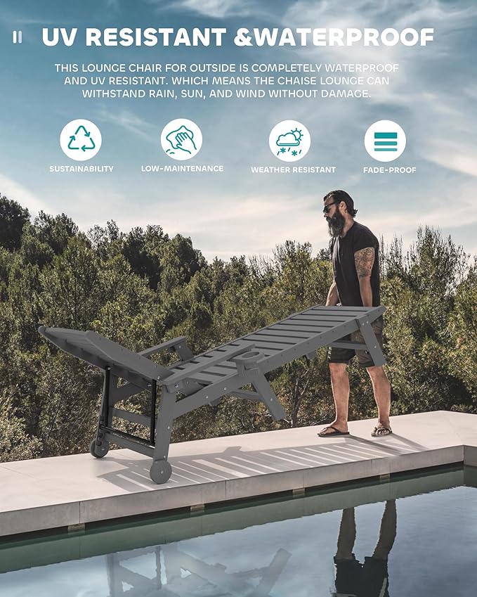 SERWALL Patio Chaise Lounge Chair Set of 2 with 9FT Patio Umbrella, 78'' HDPE Outdoor Lounger 5 Positions Adjustable, Poly Lounge Chair with Rolling Wheels & Cup Holder for Pool,Slate Gray