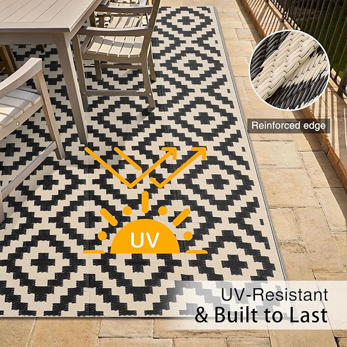 OLANLY Waterproof Outdoor Rug 5x8 ft, Outdoor Plastic Straw Rug for Camping, RV Mat Outside, Outdoor Carpet for Porch, Deck, Backyard, Balcony, Picnic, Black & Beige