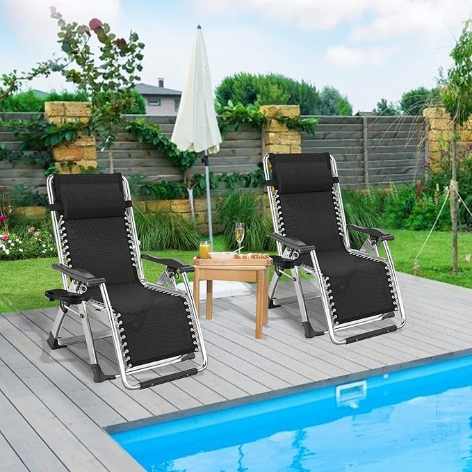 ABORON 2 Pack Zero Gravity Chair, Outdoor Lounge Chairs Sun Loungers with Removable Cushion,Headrest,Cup Holder,Reclining Patio Lounger Chair for Indoor and Outdoor