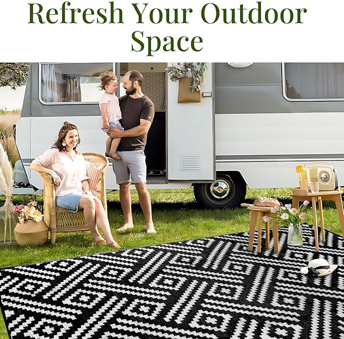 OPPODREAM Outdoor Rug 5x8 Ft, Waterproof Outdoor Plastic Straw Rug for Patio, Reversible Out Door Carpet for Camping, Deck, Rv, 5 x 8 Area Carpet for Balcony, Porch, Backyard, Black and White