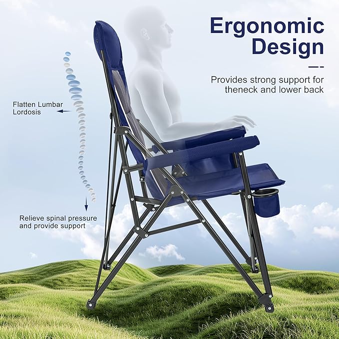 LET'S CAMP Oversized Camping Chairs 29.52" High Back Heavy Duty Lawn Chair Support 500LBS, Portable Collapsible Chair with Cup Holder, Side Pocket,2 Pack(Blue)