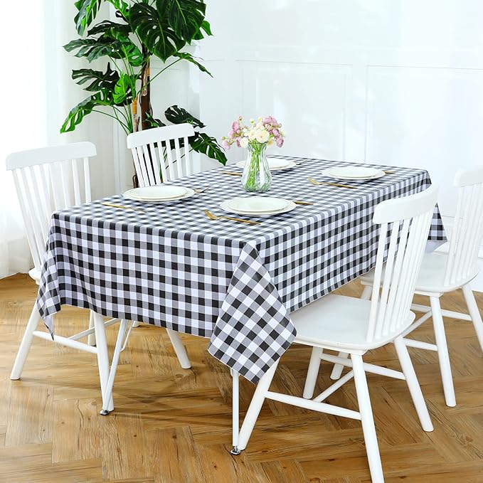 Romanstile Rectangle Vinyl PVC Tablecloth, 100% Waterproof Buffalo Plaid Plastic Table Cloth, Oil Proof Heavy Duty Wipeable Table Covers for Dining/Camping/Picnic/Outdoor - 54 x 120, Black and White
