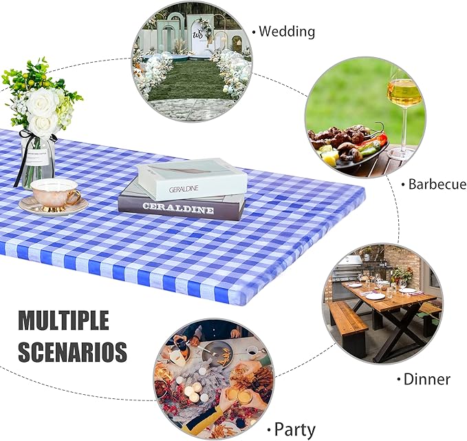 Fitable Checkered Picnic Table Cover Waterproof Vinyl Fitted Table Cover Flannel Backing Outdoor Indoor Tablecloth 30"x72" for Picnic, Travel, Holiday, Party, Folding Table, Blue